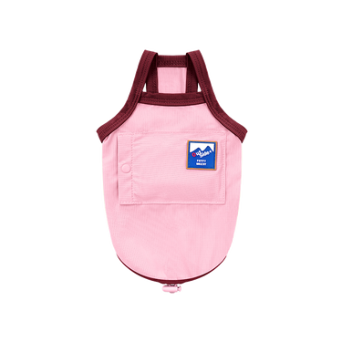 Pink dog vest with maroon straps and a logo on a white background