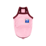 Pink dog vest with maroon straps and a logo on a white background